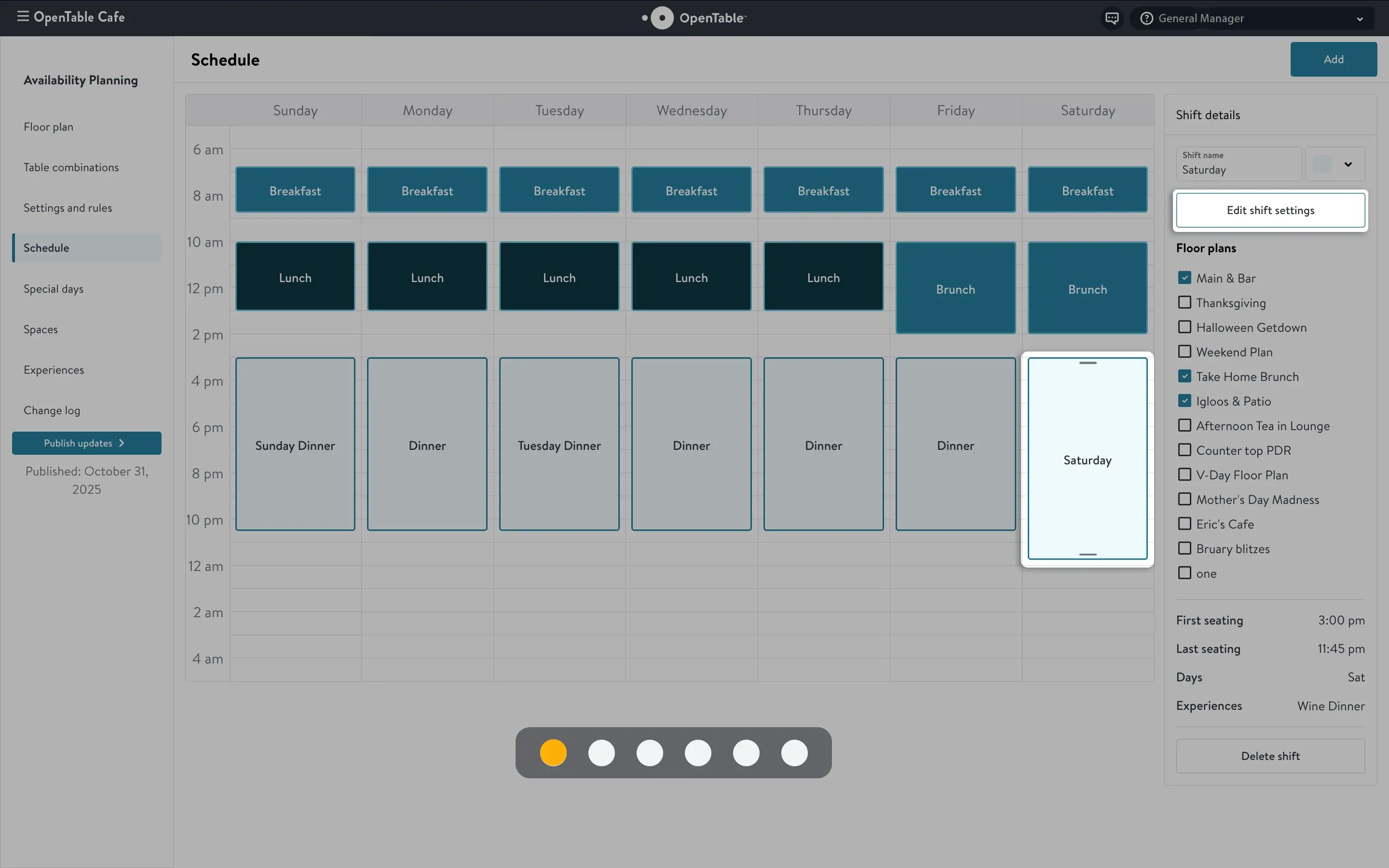 OpenTable availability and flow controls. The support workflow shows shift planning and controls used to manage reservation pace.