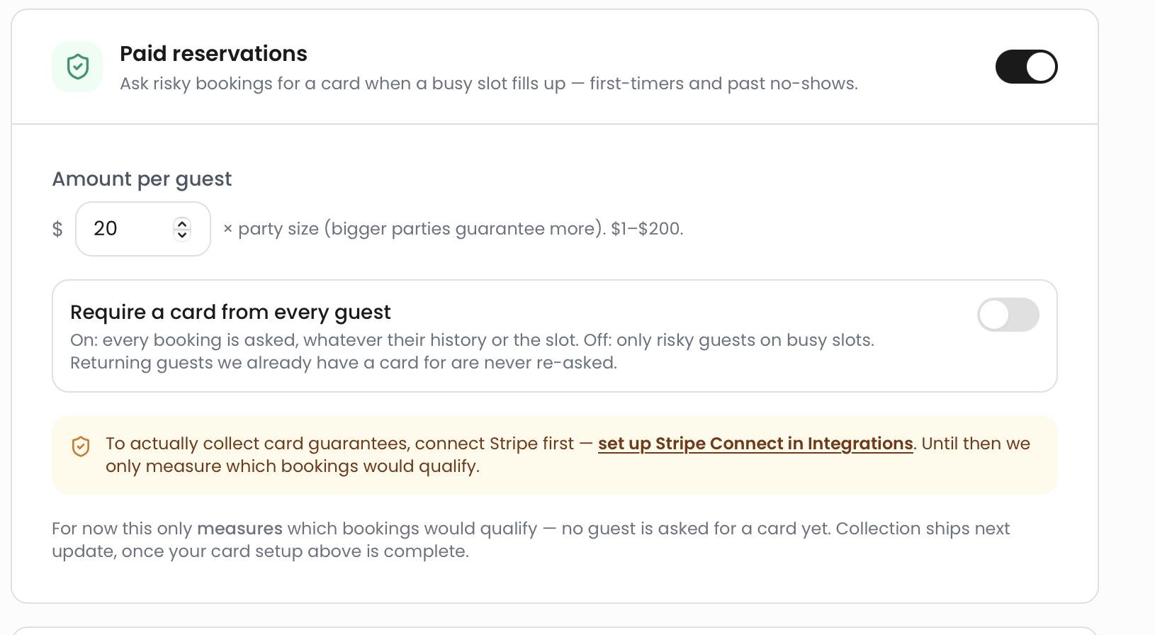 Fork Time Paid reservations settings with amount per guest, risk controls and Stripe connection guidance