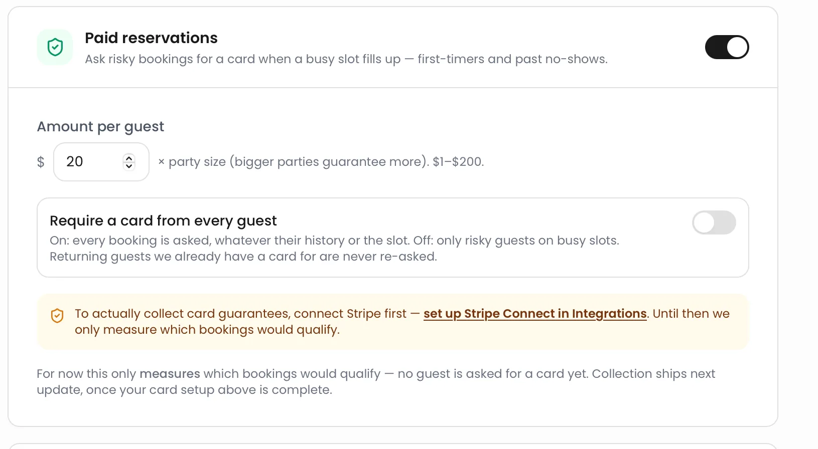 Fork Time Paid reservations settings with amount per guest, risk controls and Stripe connection guidance