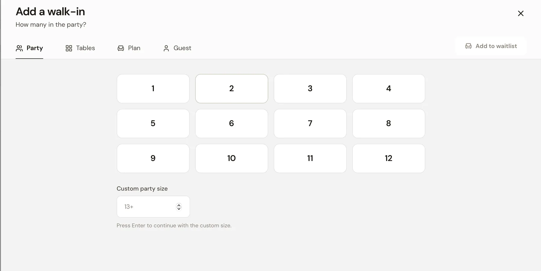 Fork Time Add a walk-in screen for selecting the number of guests in a party